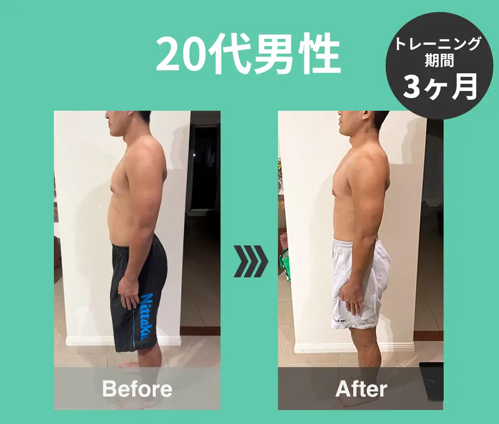 20代男性。トレーニングのビフォーアフター説明上部