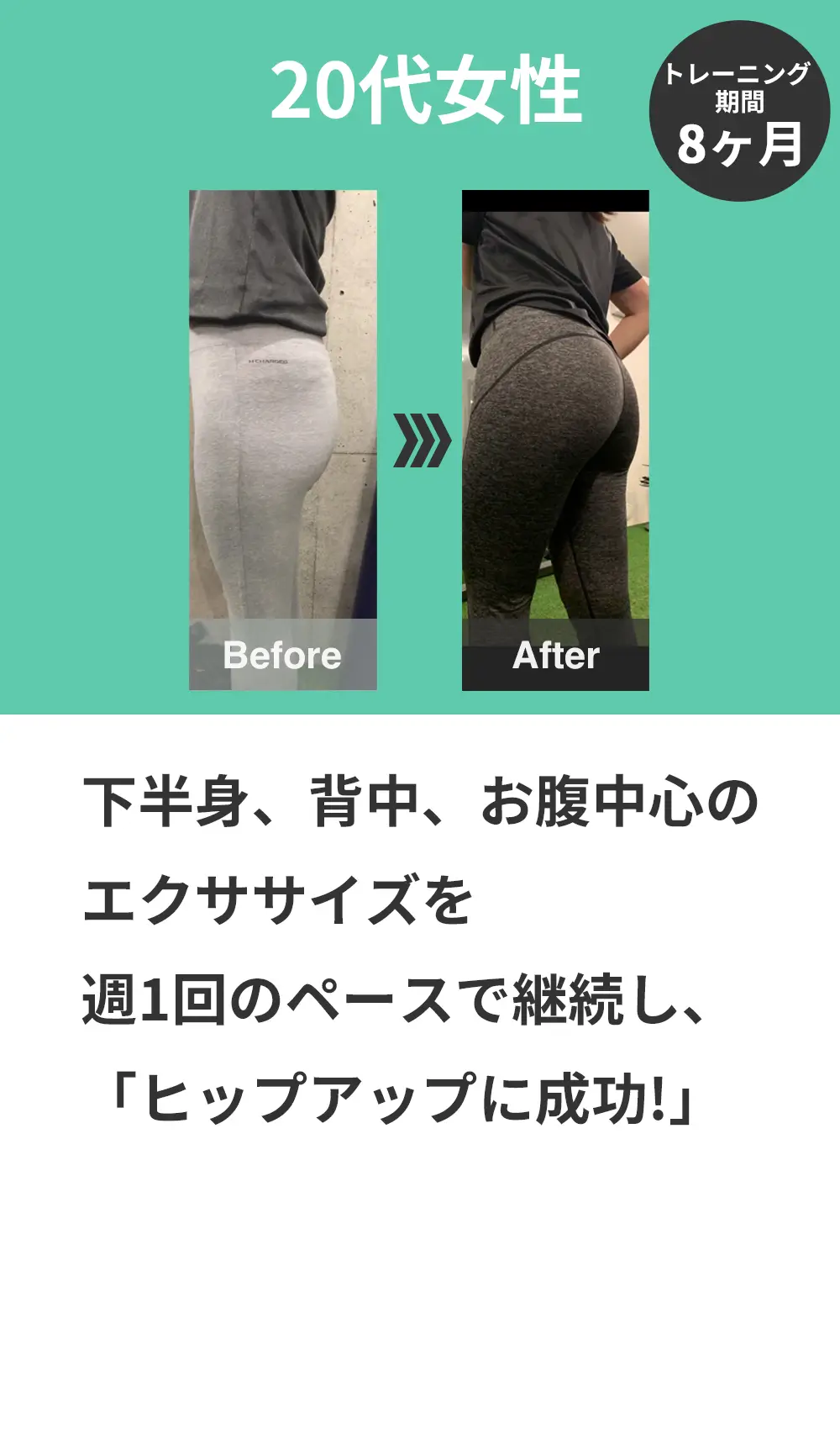 20代女性。下半身、背中、お腹中心のエクササイズを週1回のペースで継続し、「ヒップアップに成功!」